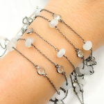 Load image into Gallery viewer, Moonstone Rondel Shape & White Topaz Oxidized Connected Wire Chain.