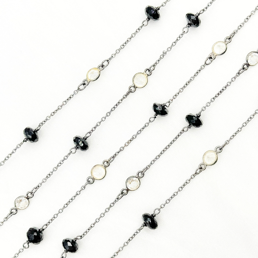 Black Spinel Rondel Shape & White Topaz Oxidized Connected Wire Chain.