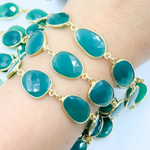Load image into Gallery viewer, Green Onyx Organic Shape Bezel Gold Plated Wire Chain.