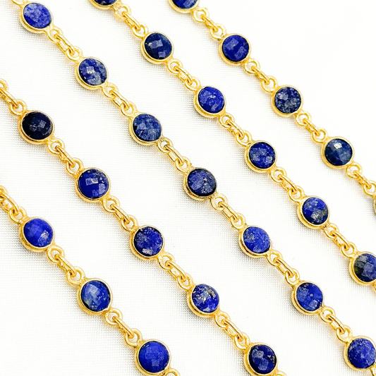 Lapis Lazuli Round Shape Bezel Gold Plated Wire Chain.