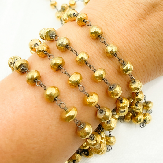 Golden Pyrite Faceted Rondel Oxidized Wire Chain. PYR42