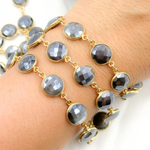 Load image into Gallery viewer, Coated Grey Moonstone Round Shape Bezel Gold Plated Wire Chain.