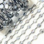 Load image into Gallery viewer, Coated Grey Moonstone Round Shape Bezel Oxidized Wire Chain.