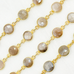 Load image into Gallery viewer, Coated Light Grey Moonstone Round Shape Bezel Gold Plated Wire Chain