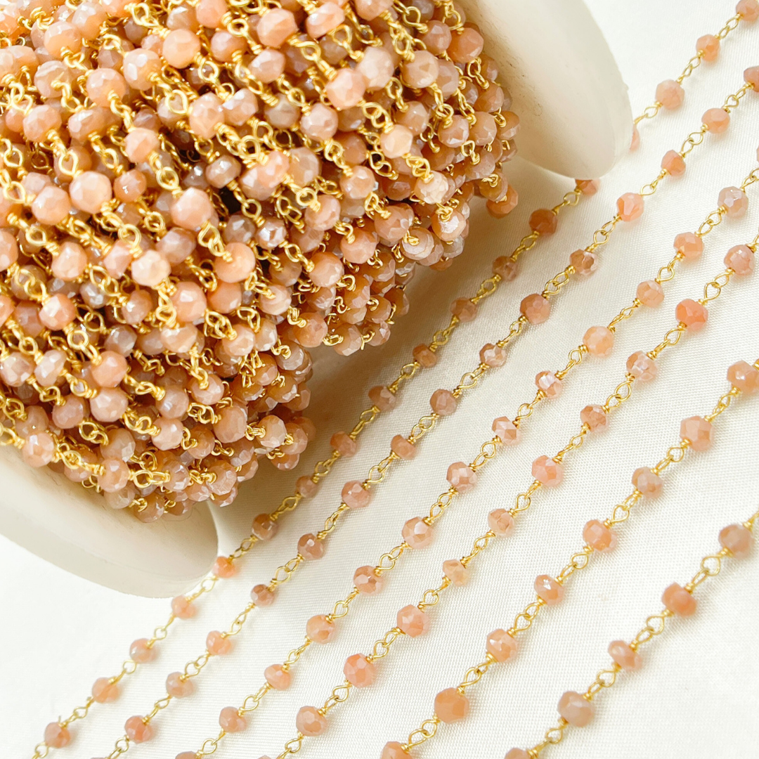 Coated Peach Moonstone Gold Plated Wire Chain