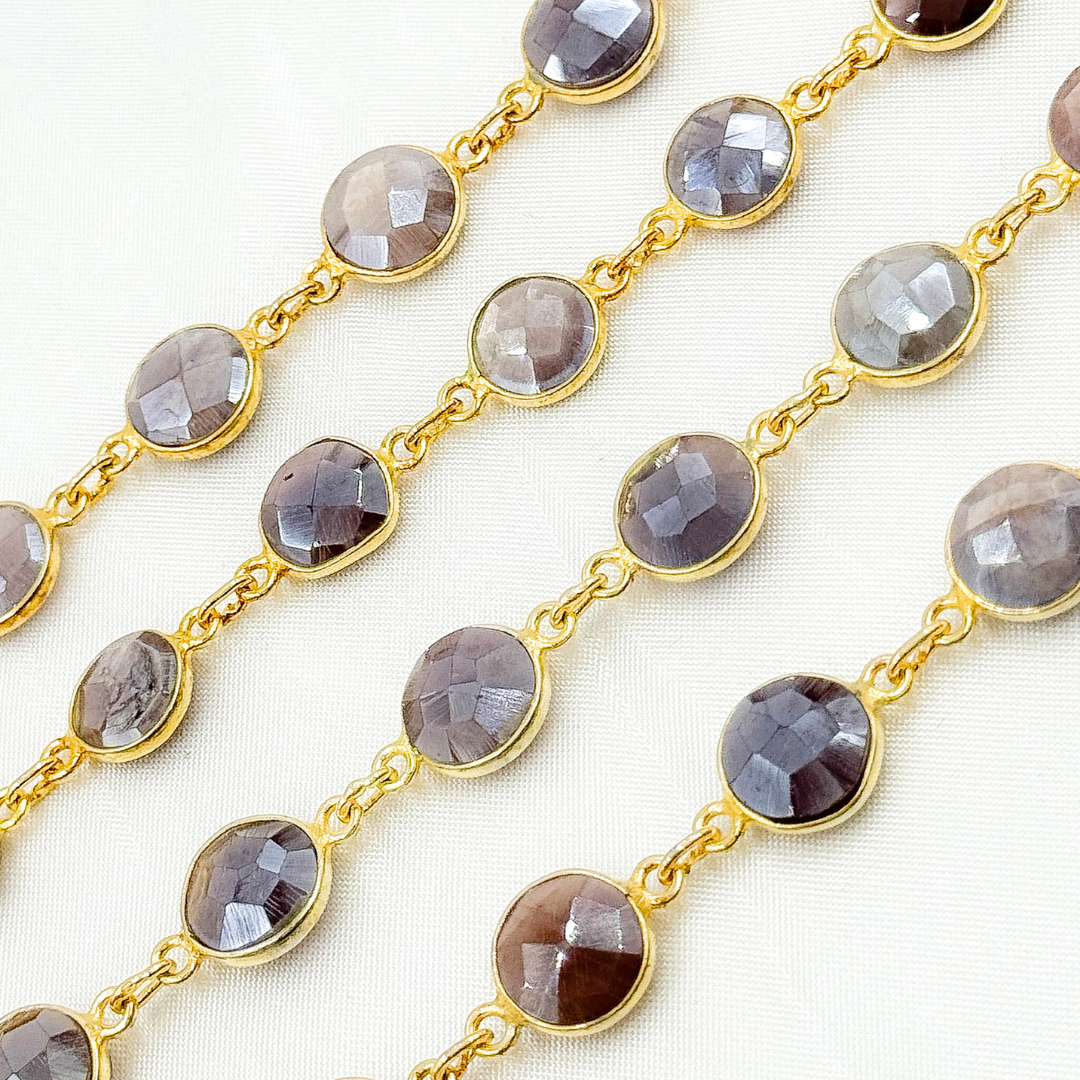 Coated Chocolate Moonstone Round Shape Bezel Gold Plated Wire Chain.
