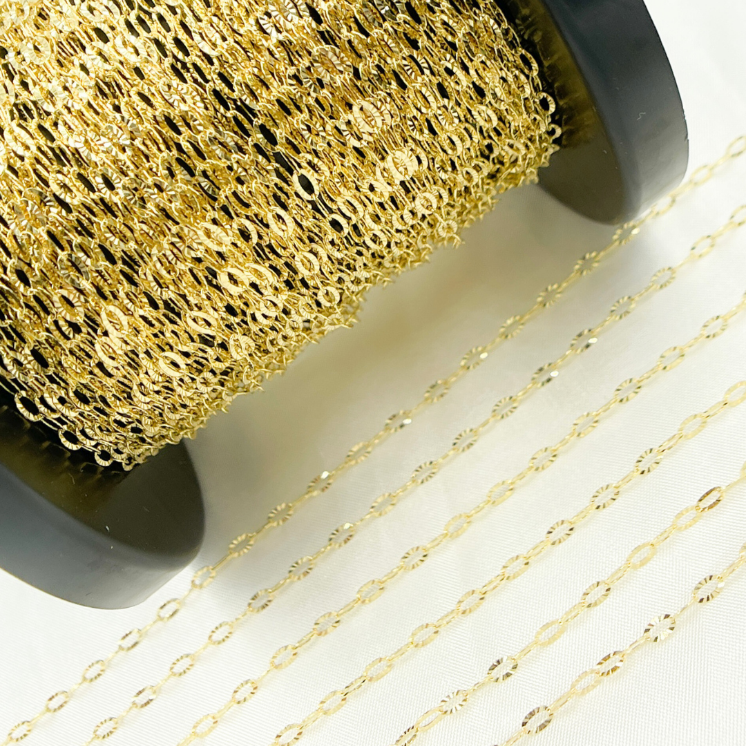 14K Solid Yellow Gold Diamond Cut Oval Link Chain