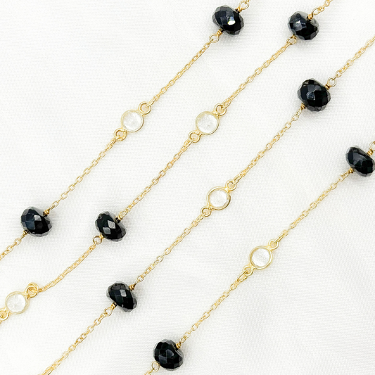 Black Spinel Rondel Shape & White Topaz Gold Plated Connected Wire Chain.