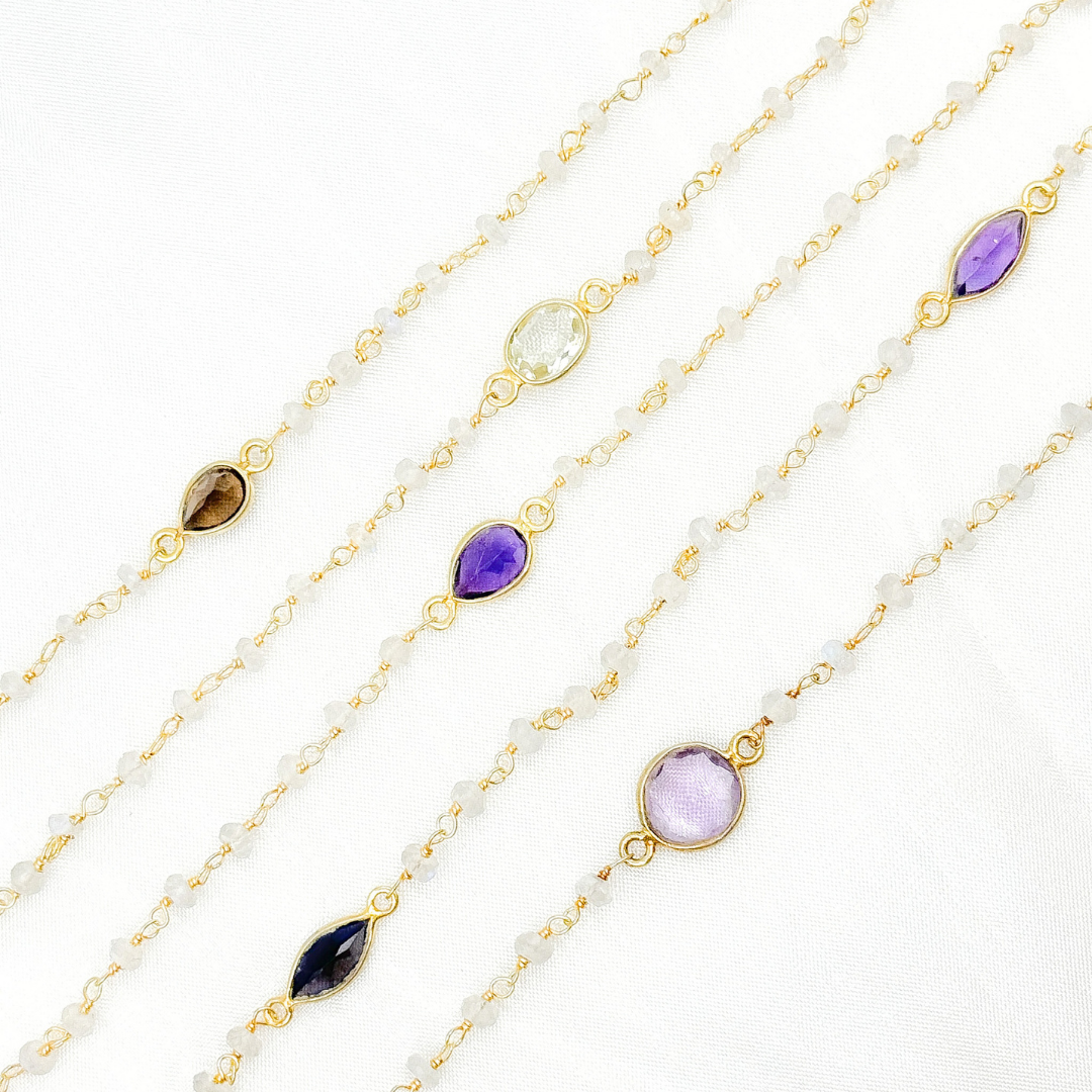 White Moonstone & Multi Stone Gold Plated Wire Chain.