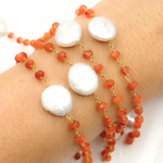 Load image into Gallery viewer, Carnelian & Pearl Round Shape Bezel Gold Plated Wire Chain