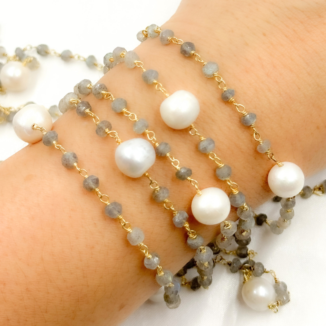Labradorite and Pearl Gold Plated 925 Sterling Silver Wire Chain