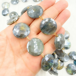 Load image into Gallery viewer, Coated Labradorite Coin Shape Gold Plated Wire Chain.