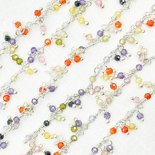 Multi Color C.Z. Cluster Dangle 925 Sterling Silver Wire Chain