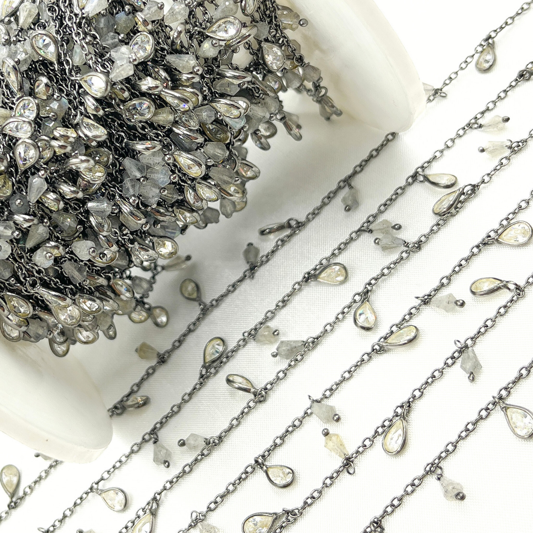 Labradorite Drop & CZ Pear Shape Dangle Oxidized Wire Chain.