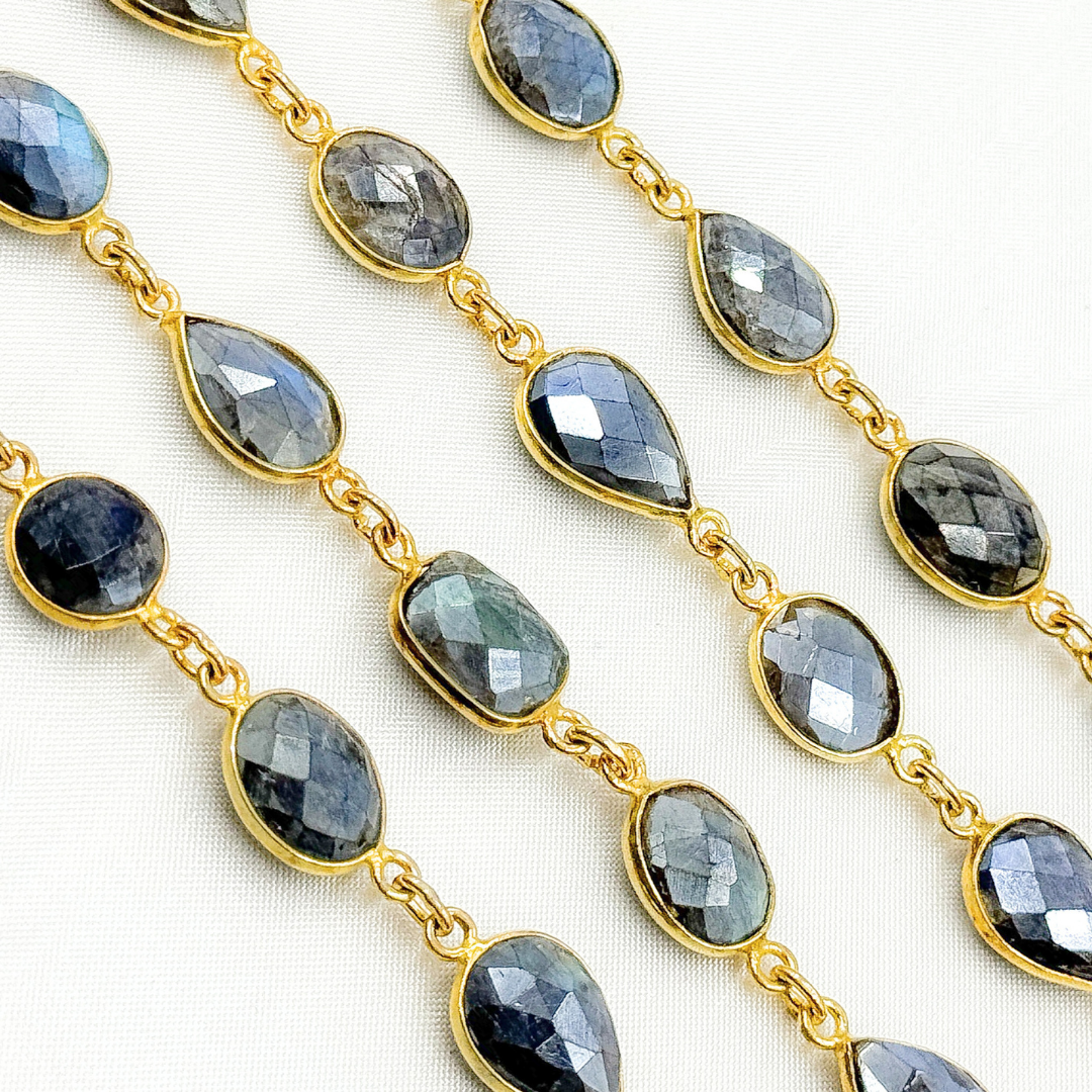 Coated Labradorite Mix Shape Bezel Gold Plated Wire Chain.