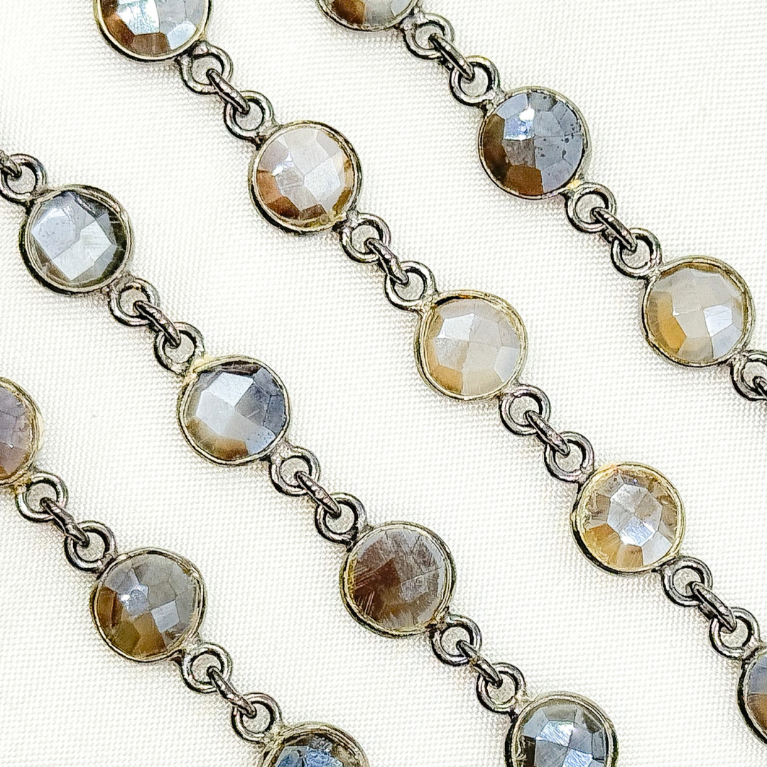 Coated Grey Moonstone Round Shape Bezel Oxidized Wire Chain.