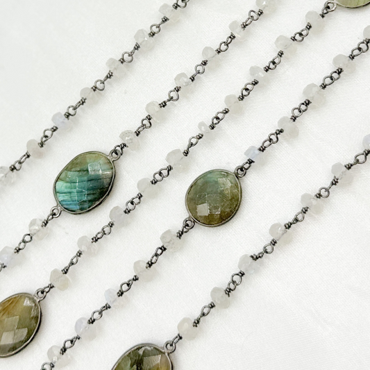Rondel Moonstone & Coin Labradorite Oxidized 925 Sterling Silver Wire Chain