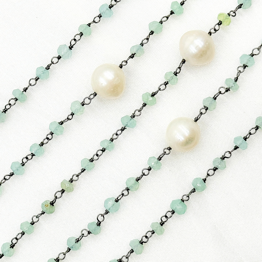 Blue Aqua Chalcedony & Pearl Oxidized 925 Sterling Silver Wire Chain.