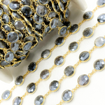 Load image into Gallery viewer, Coated Grey Moonstone Round Shape Bezel Gold Plated Wire Chain.