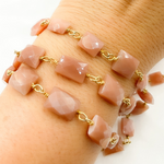Load image into Gallery viewer, Peach Moonstone Rectangular Shape Gold Plated Wire Chain.