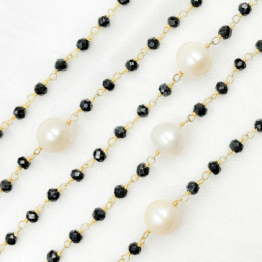 Black Spinel & Pearl Gold Plated 925 Sterling Silver Wire Chain.