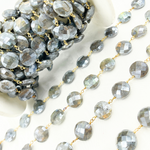 Load image into Gallery viewer, Coated Labradorite Coin Shape Gold Plated Wire Chain.