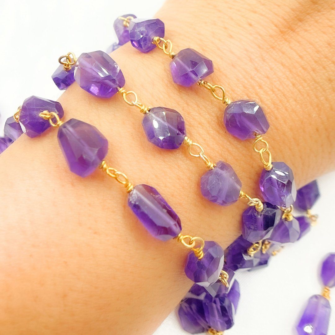 Amethyst Organic Shape Gold Plated Wire Chain