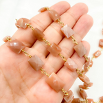 Load image into Gallery viewer, Peach Moonstone Rectangular Shape Gold Plated Wire Chain