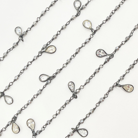Coated Grey Moonstone & CZ Dangle Oxidized Wire Chain.