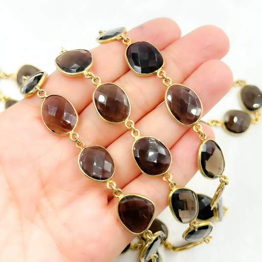 Smoky Quartz Shape Bezel Gold Plated Wire Chain.