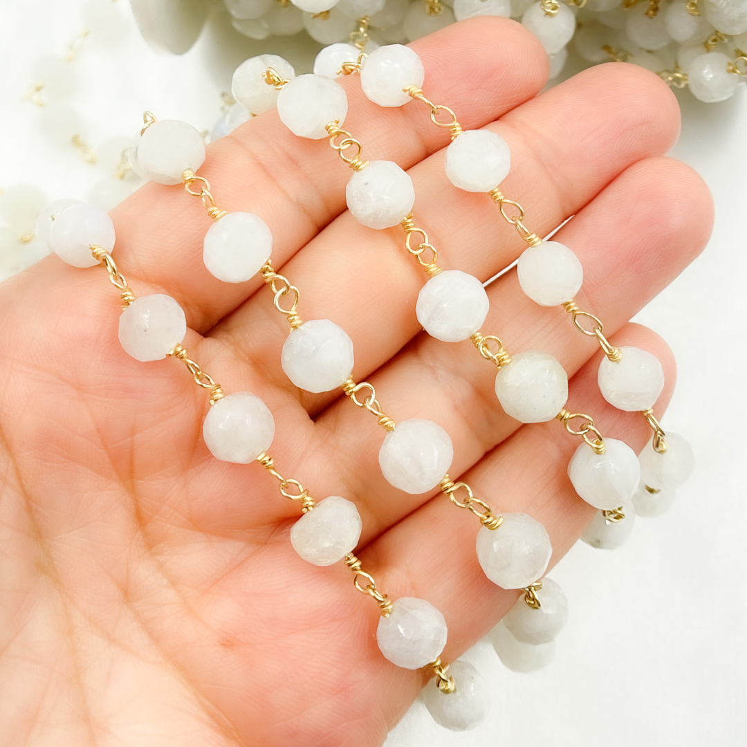 White Rainbow Round Moonstone Gold Plated Wire Chain