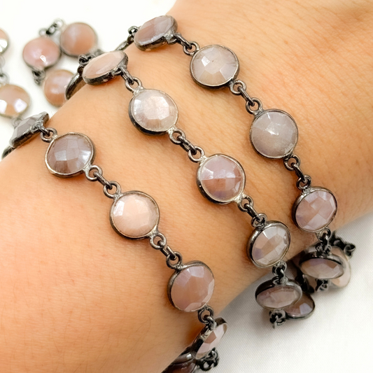 Coated Peach Moonstone Round Shape Bezel Oxidized Wire Chain
