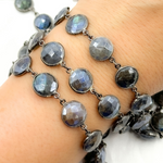 Load image into Gallery viewer, Coated Labradorite Round Shape Bezel Oxidized Wire Chain