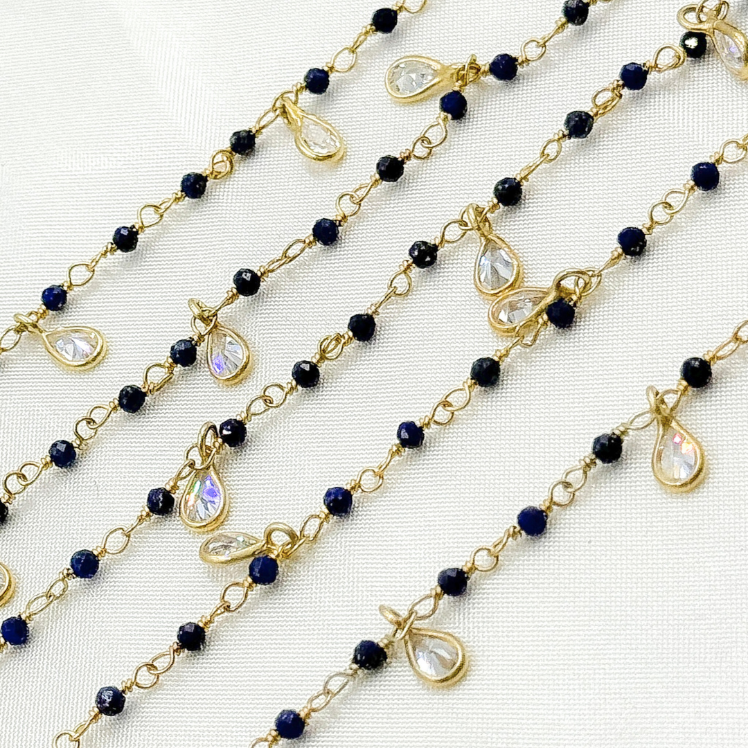 Lapis Lazuli & CZ Dangle Gold Plated Wire Chain.