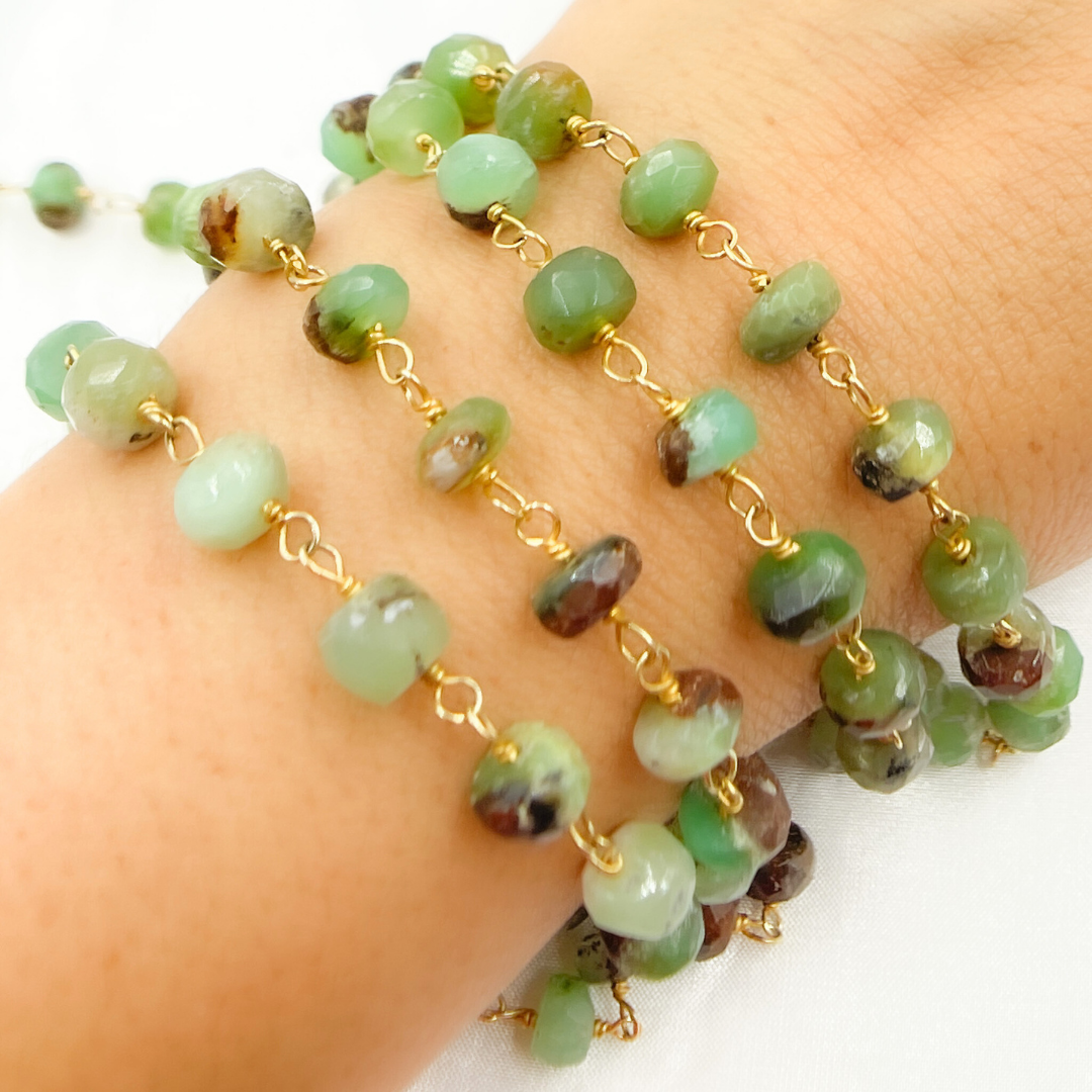 Two Tone Chrysoprase Rondel Shape Gold Plated Wire Chain