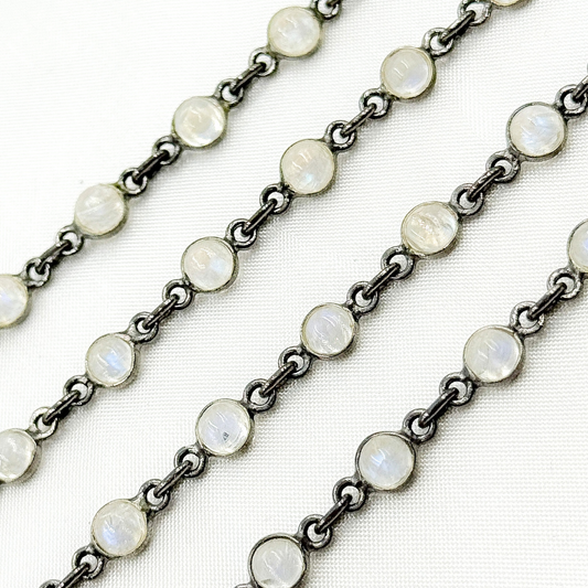 White Moonstone Round Shape Bezel Oxidized Wire Chain