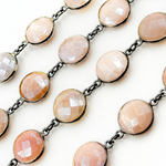 Load image into Gallery viewer, Coated Peach Moonstone Round Shape Bezel Oxidized Wire Chain