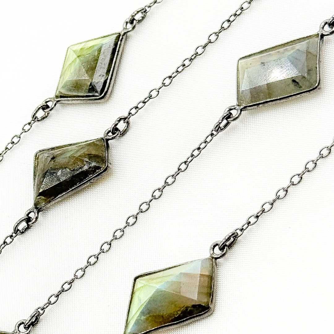 Labradorite Rhomb Shape Bezel Oxidized Wire Chain