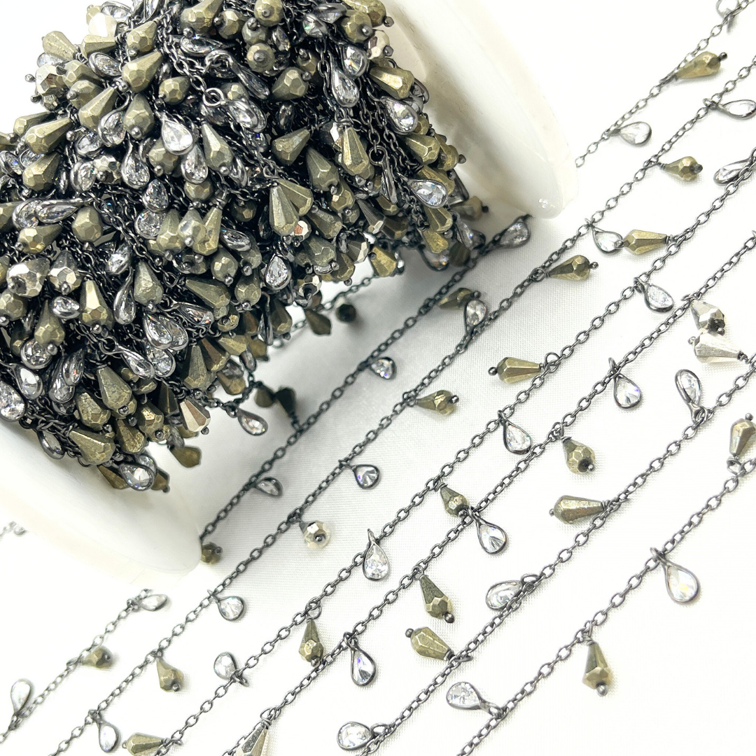 Pyrite and CZ Pear Shape Dangle Wire Chain.