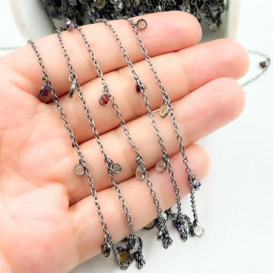 Multi Gemstone Dangle Oxidized Wire Chain.
