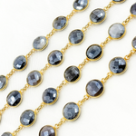Load image into Gallery viewer, Coated Grey Moonstone Round Shape Bezel Gold Plated Wire Chain.