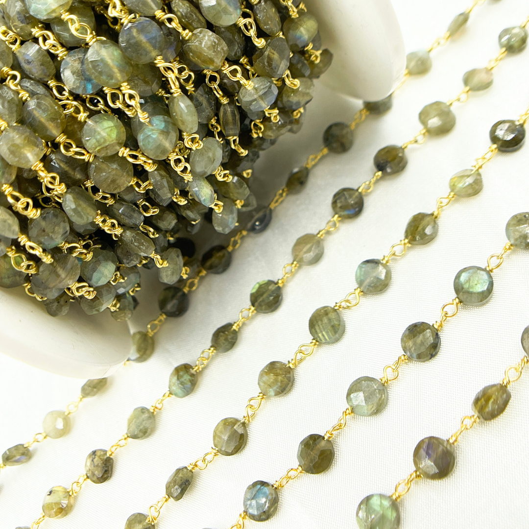 Labradorite Coin Shape Gold Plated Wire Chain