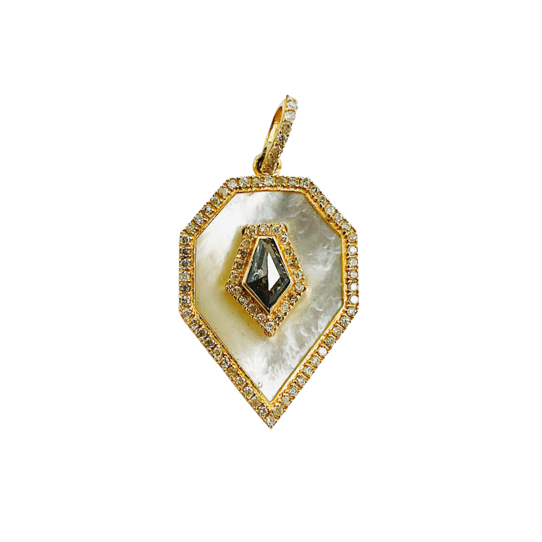 14K Solid Gold Diamonds and Mother Pearl Stone Charm