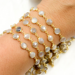 Load image into Gallery viewer, Coated Light Grey Moonstone Round Shape Bezel Gold Plated Wire Chain