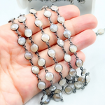 Load image into Gallery viewer, Coated White Moonstone Round Shape Bezel Oxidized Wire Chain.