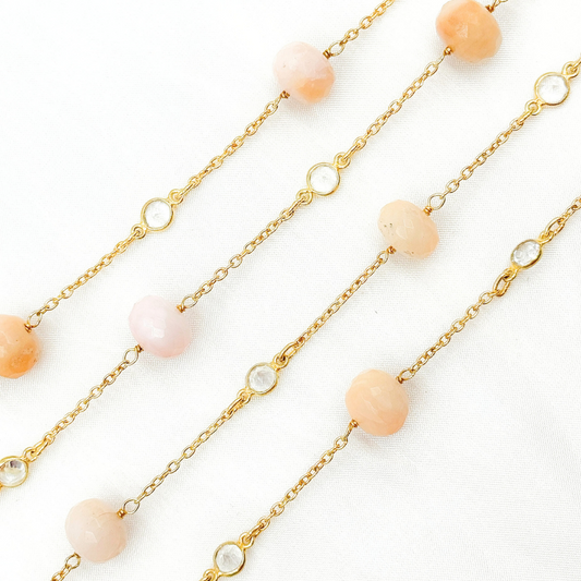 Pink Opal Rondel Shape & White Topaz Gold Plated Connected Wire Chain.