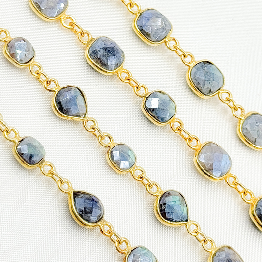 Coated Labradorite Mix Shape Bezel Gold Plated Wire Chain.