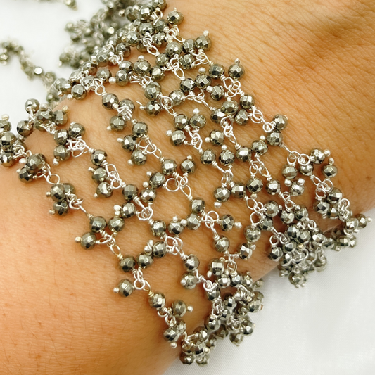 Steel Pyrite Cluster Dangle 925 Sterling Silver Wire Chain.