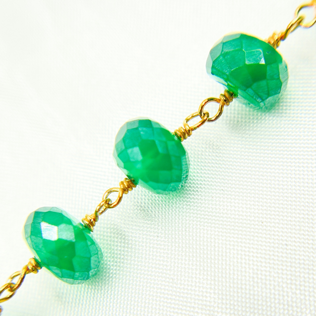 Coated Green Onyx Rondel Faceted Gold Plated Wire Chain.