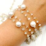 Load image into Gallery viewer, White Moonstone & Pearl Gold Plated 925 Sterling Silver Wire Chain